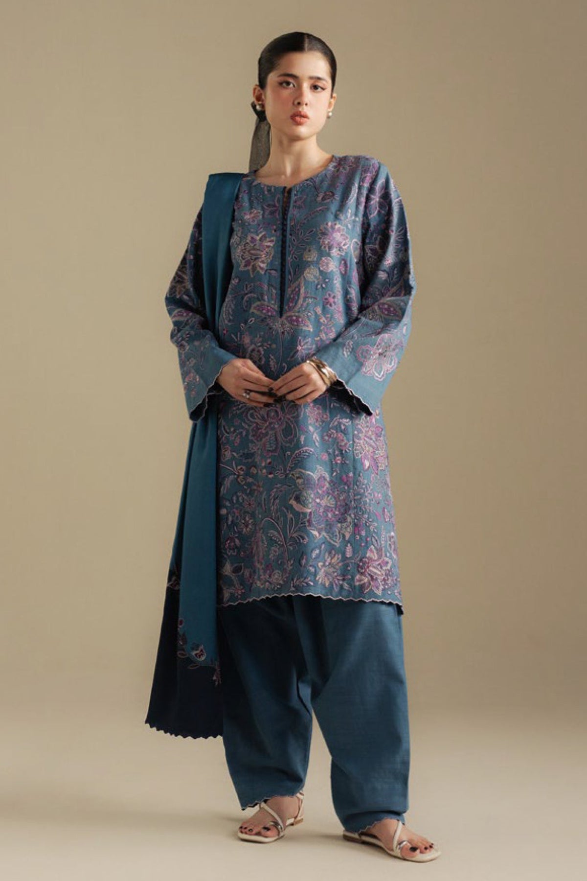 Zarashah Jahan Embroidered Dhanak 3pc with Printed Shawl- DC2126