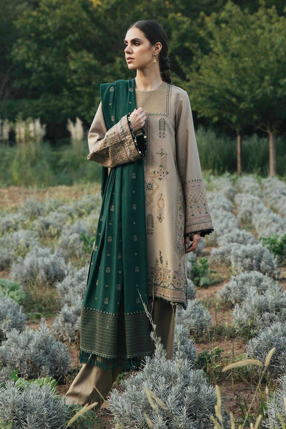 Zara Shahjahan 3PC Embroidered Dhanak with whool Shawl - GA1756