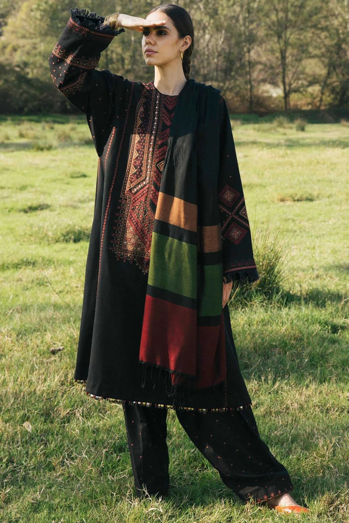 Zara shajahan Dhanak Embroidered Lawn 3Pc with Printed Slub Net Dupata-Ga1670