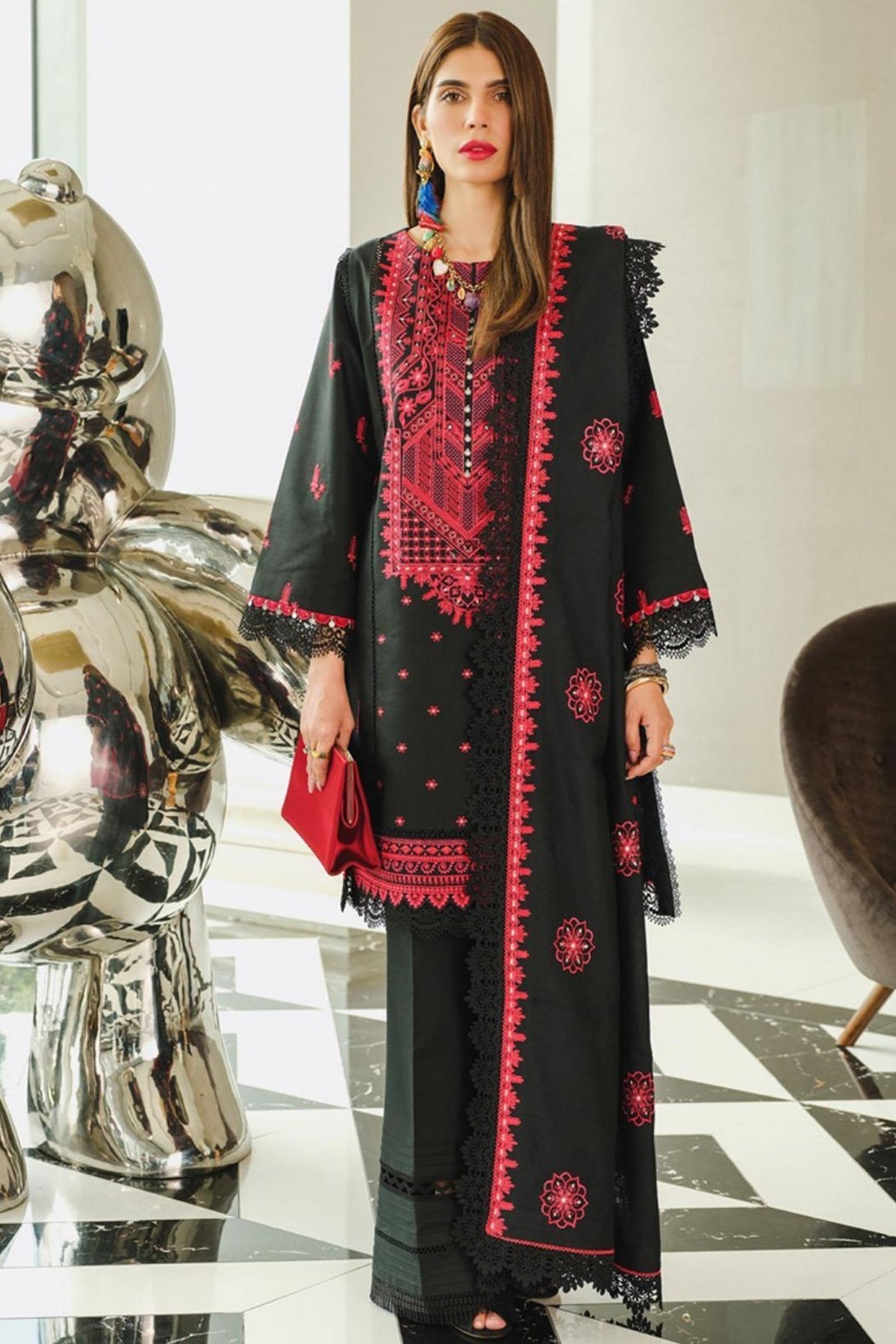 Luxury Embroidered Lawn 3Pc with Heavy Embroidered Dupata-Ga1678