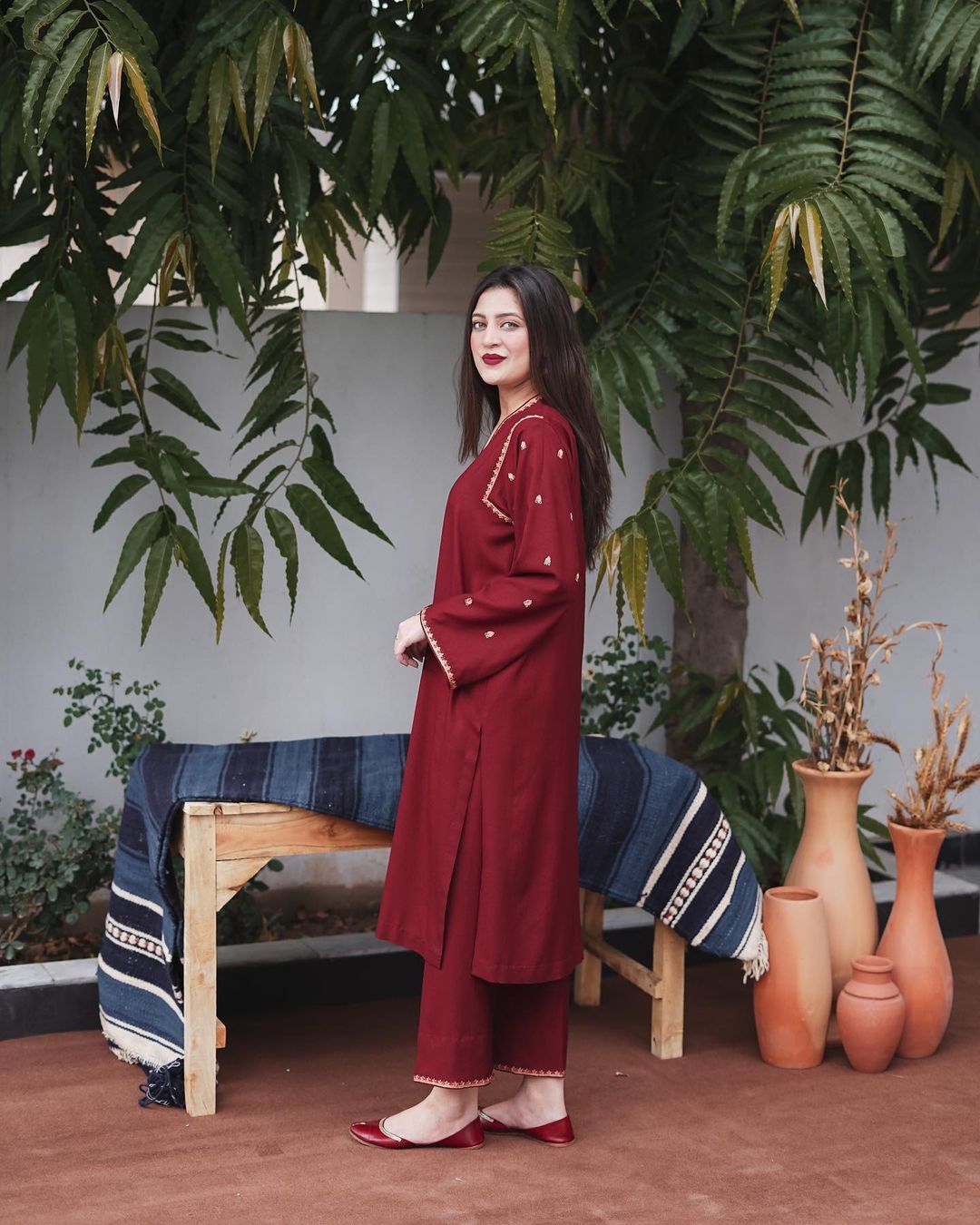 Winter mahroon 3PC Embroidered Dhanak Suit with Heavy Embroidered Dhanak Shawal -GA102185