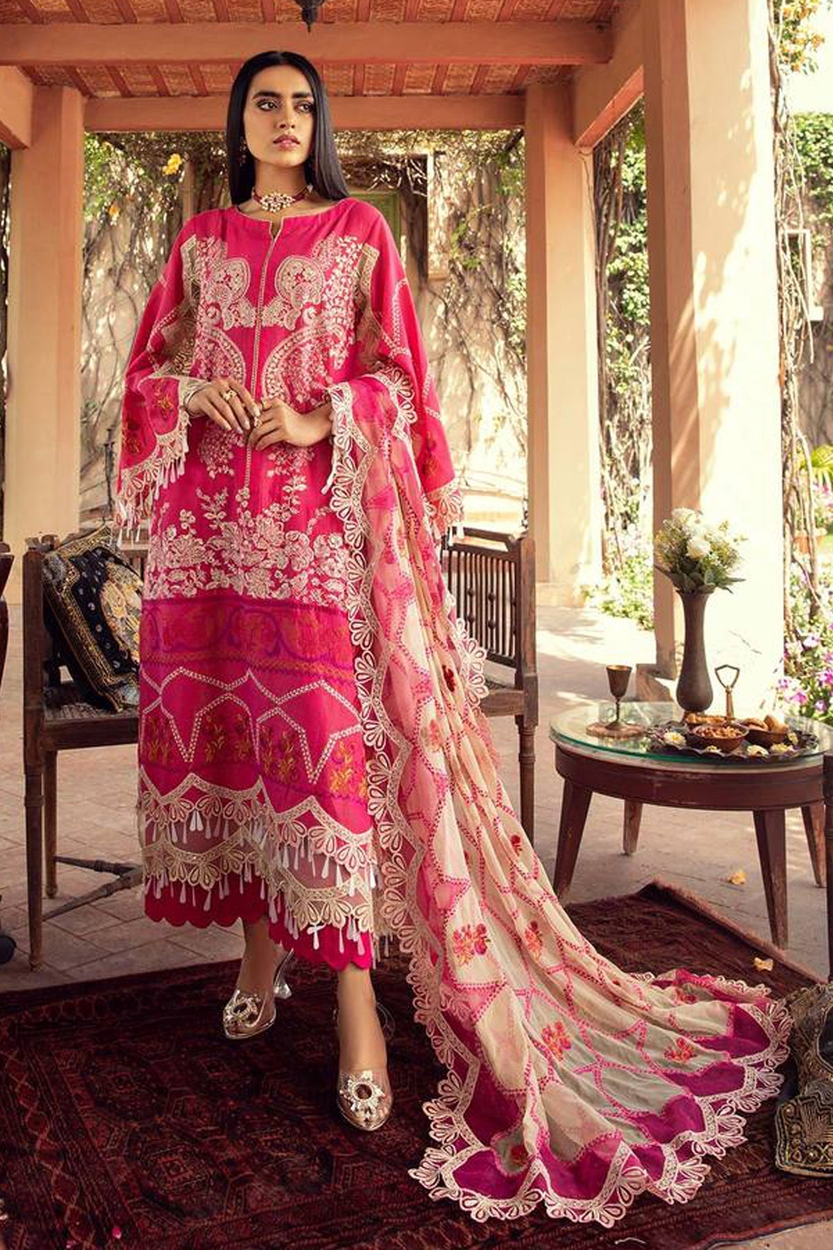 Charizma Shifli Heavy Embroidered Laser cutwork 3pc with Cotton net dupatta-GA10088