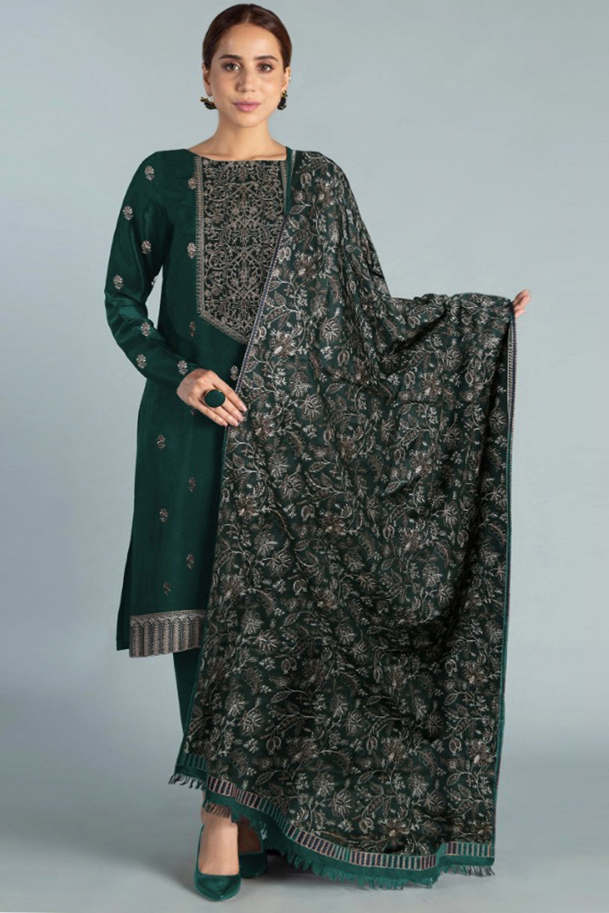Bareeze 3PC Embroidered Dhanak Suit with Heavy Embroidered Shawal -GA102127