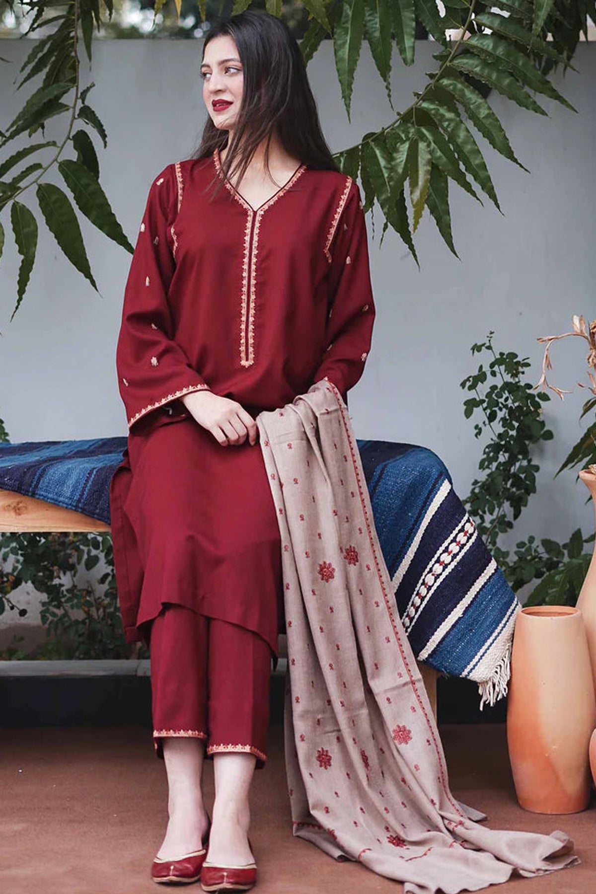 Winter mahroon 3PC Embroidered Dhanak Suit with Heavy Embroidered Dhanak Shawal -GA102185