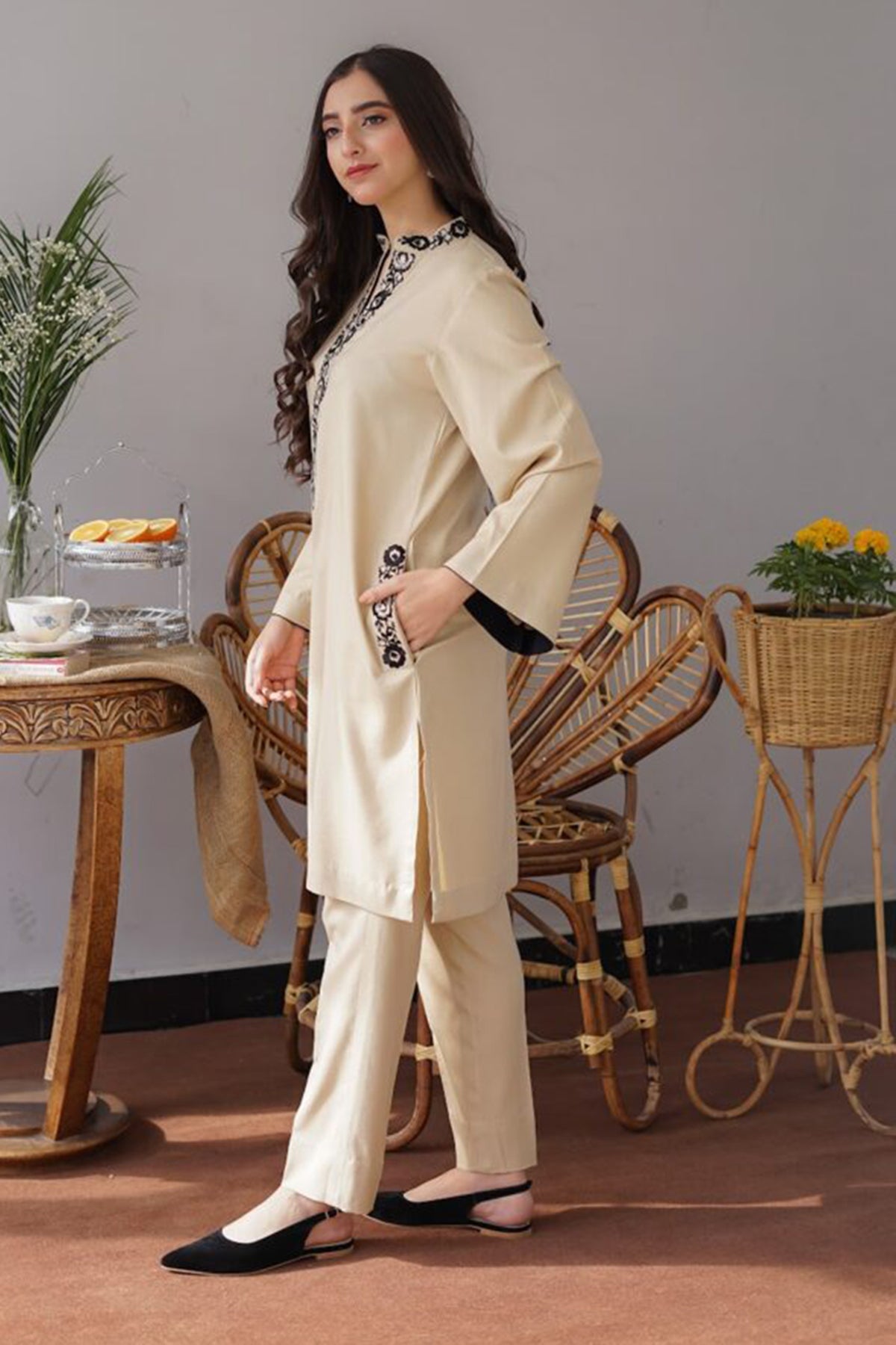 Winter Light Skin 3PC Embroidered Dhanak with Embroidered Dhanak Shawl - GA1768