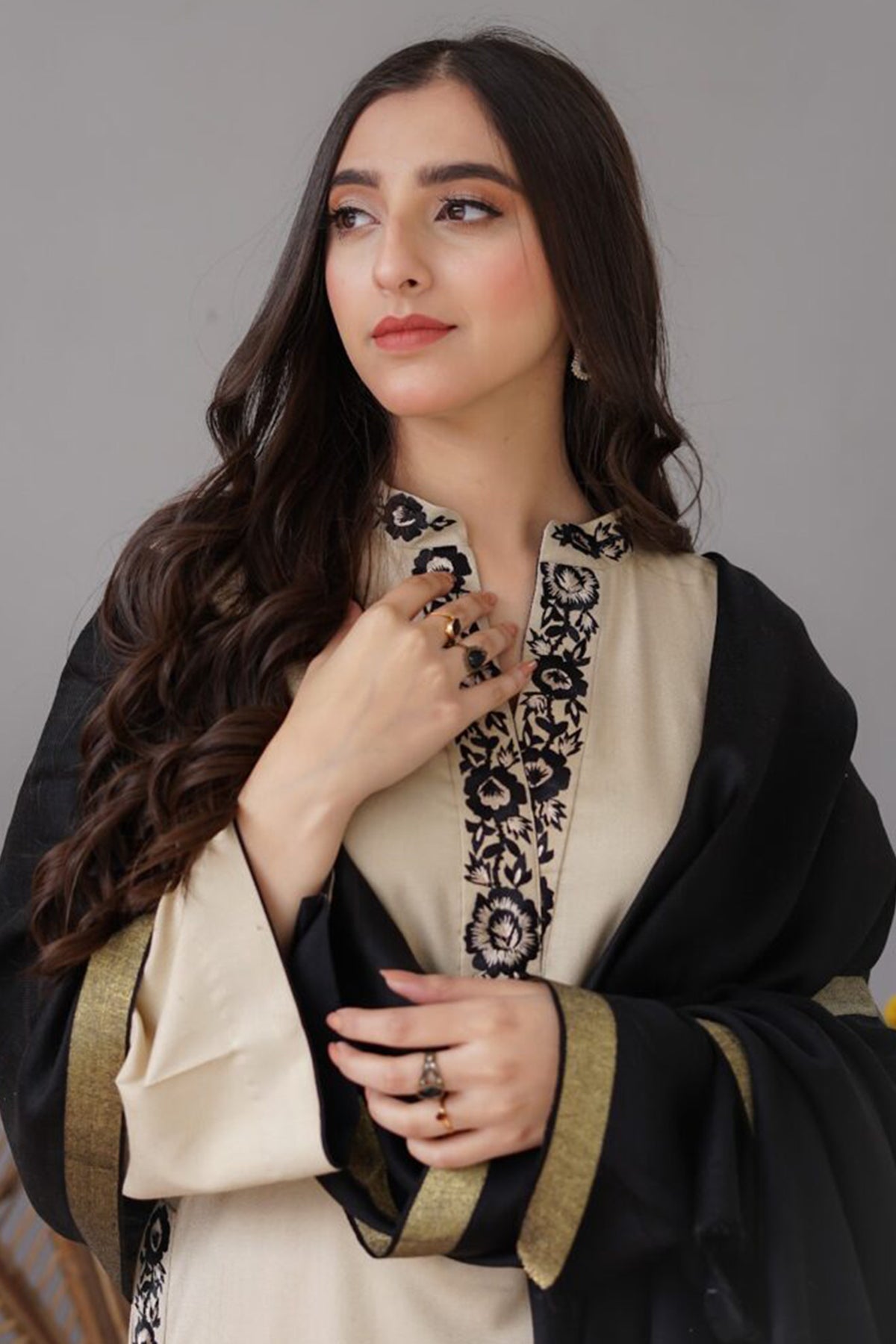 Winter Light Skin 3PC Embroidered Dhanak with Embroidered Dhanak Shawl - GA1768