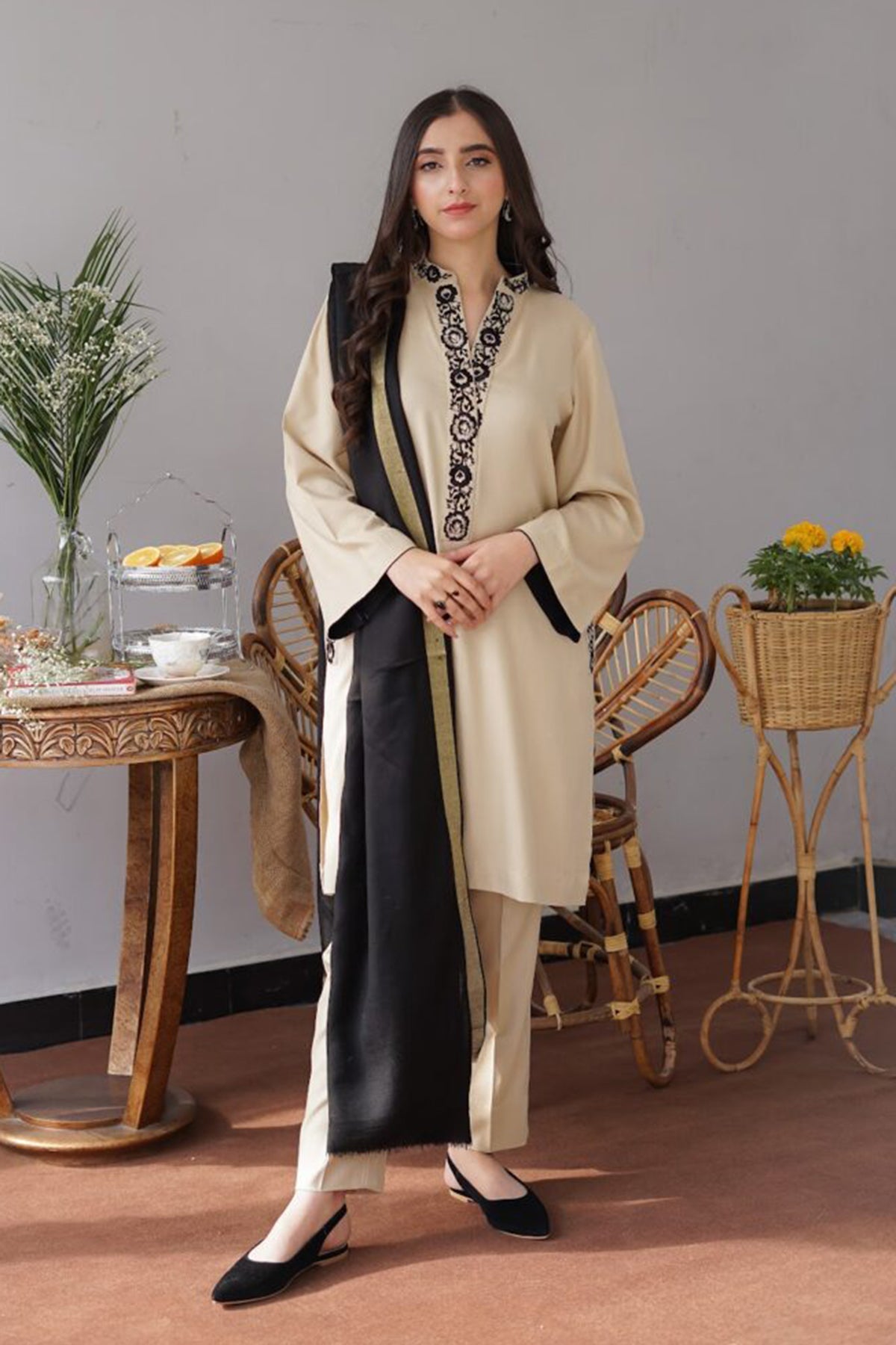 Winter Light Skin 3PC Embroidered Dhanak with Embroidered Dhanak Shawl - GA1768