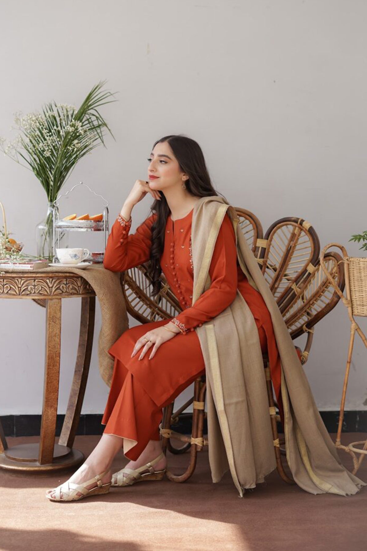Winter Carrot 3PC Embroidered Dhanak with Embroidered Dhanak Shawl - GA1770