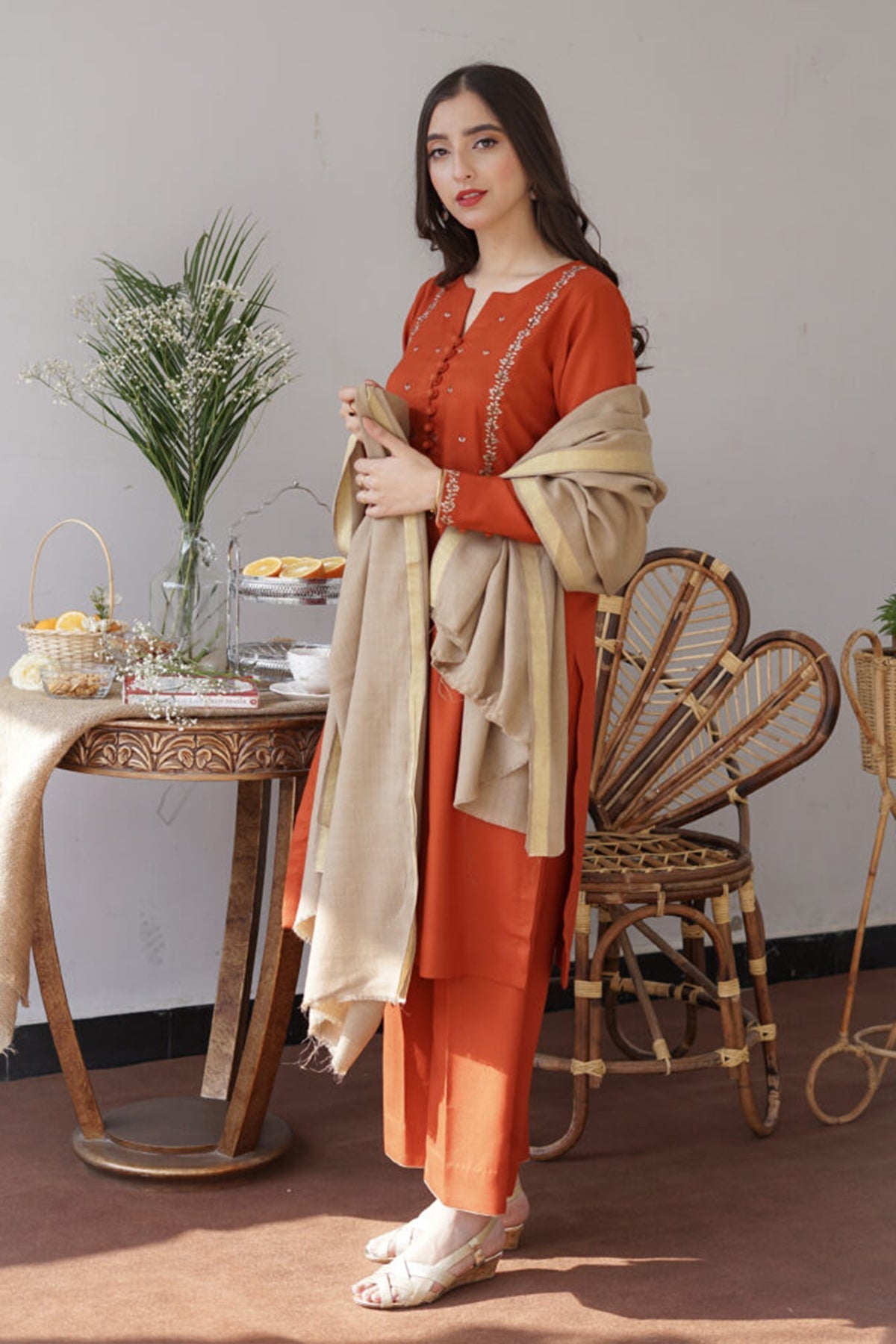 Winter Carrot 3PC Embroidered Dhanak with Embroidered Dhanak Shawl - GA1770