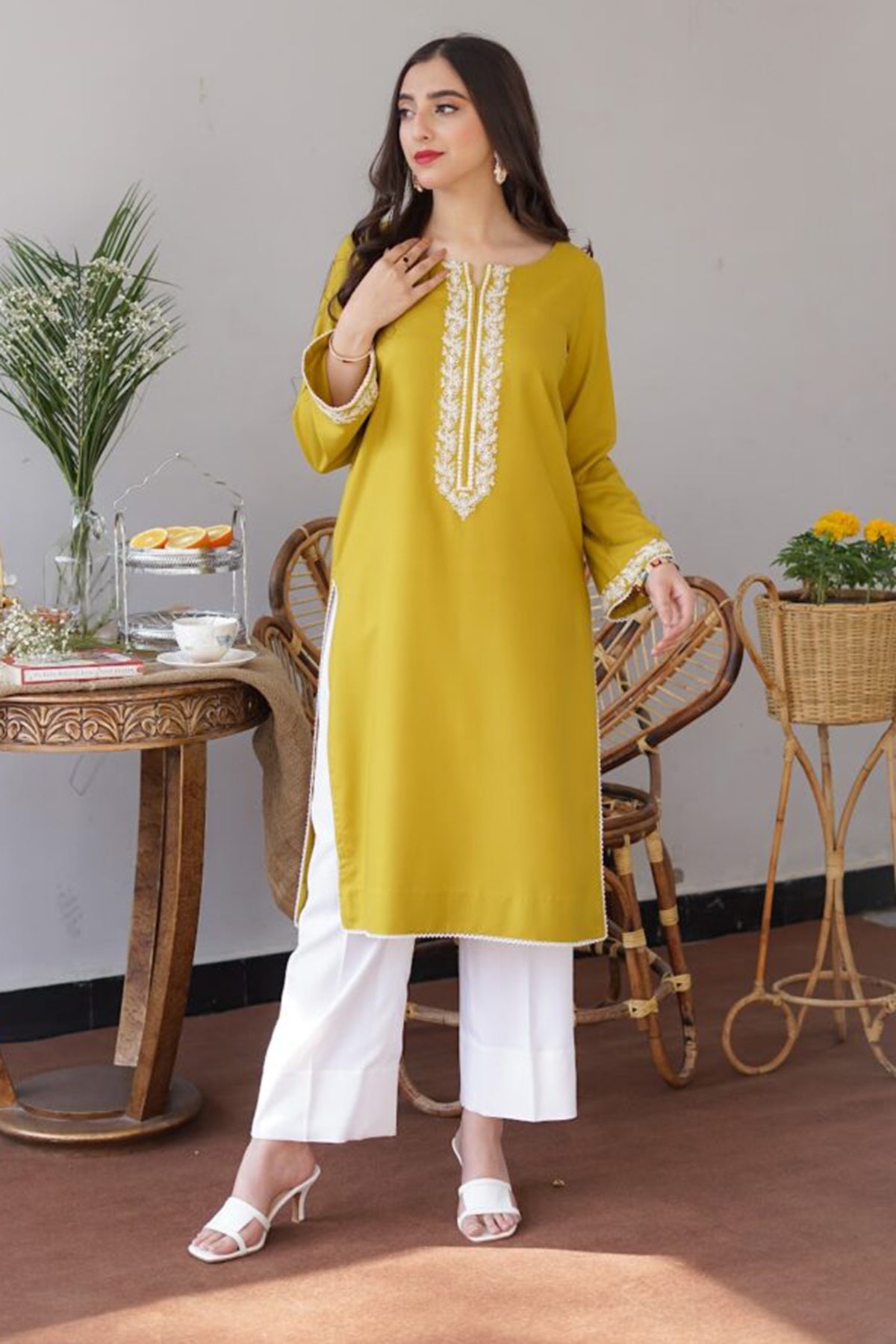 Winter Lime 3PC Embroidered Dhanak with Embroidered Dhanak Shawl - GA1769