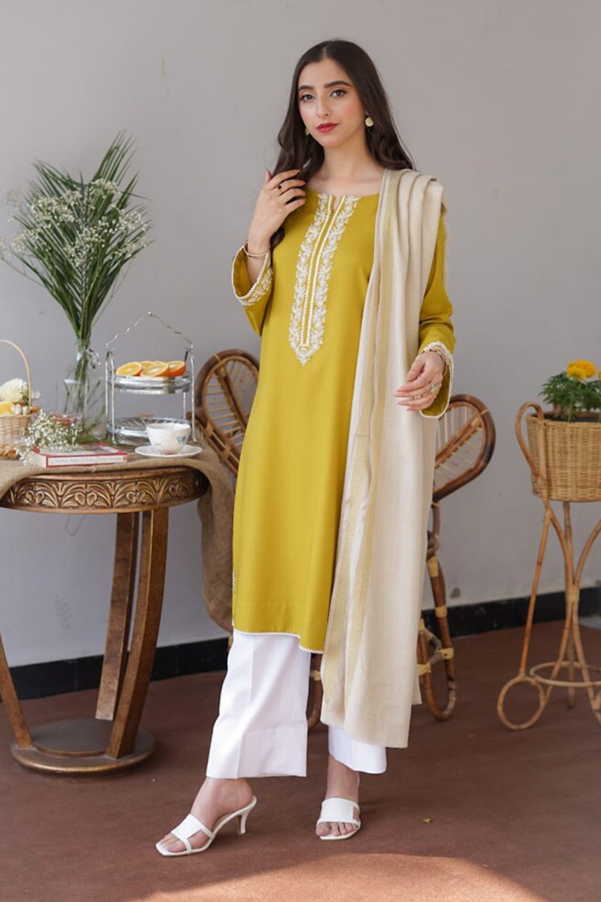 Winter Lime 3PC Embroidered Dhanak with Embroidered Dhanak Shawl - GA1769