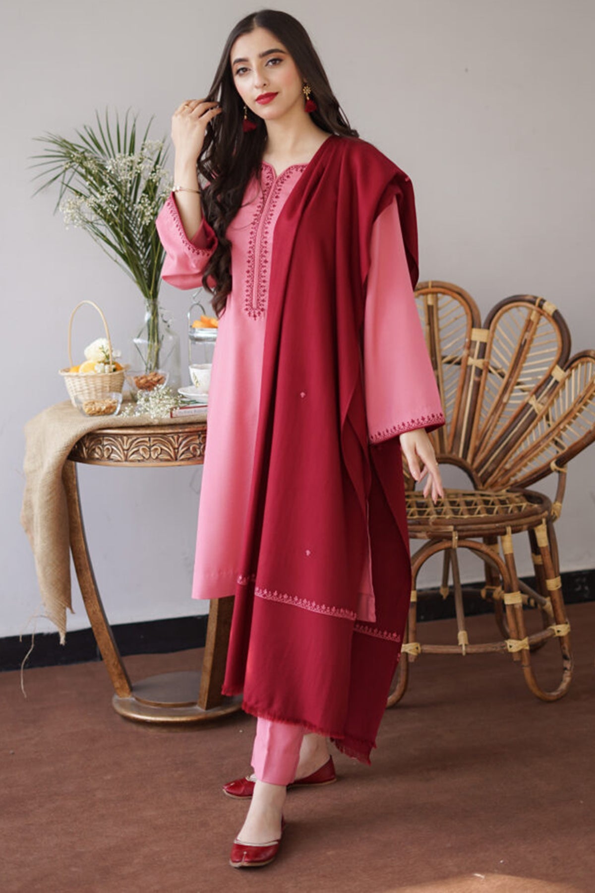 Winter Baby Pink 3PC Embroidered Dhanak with Embroidered Dhanak Shawl - GA1767