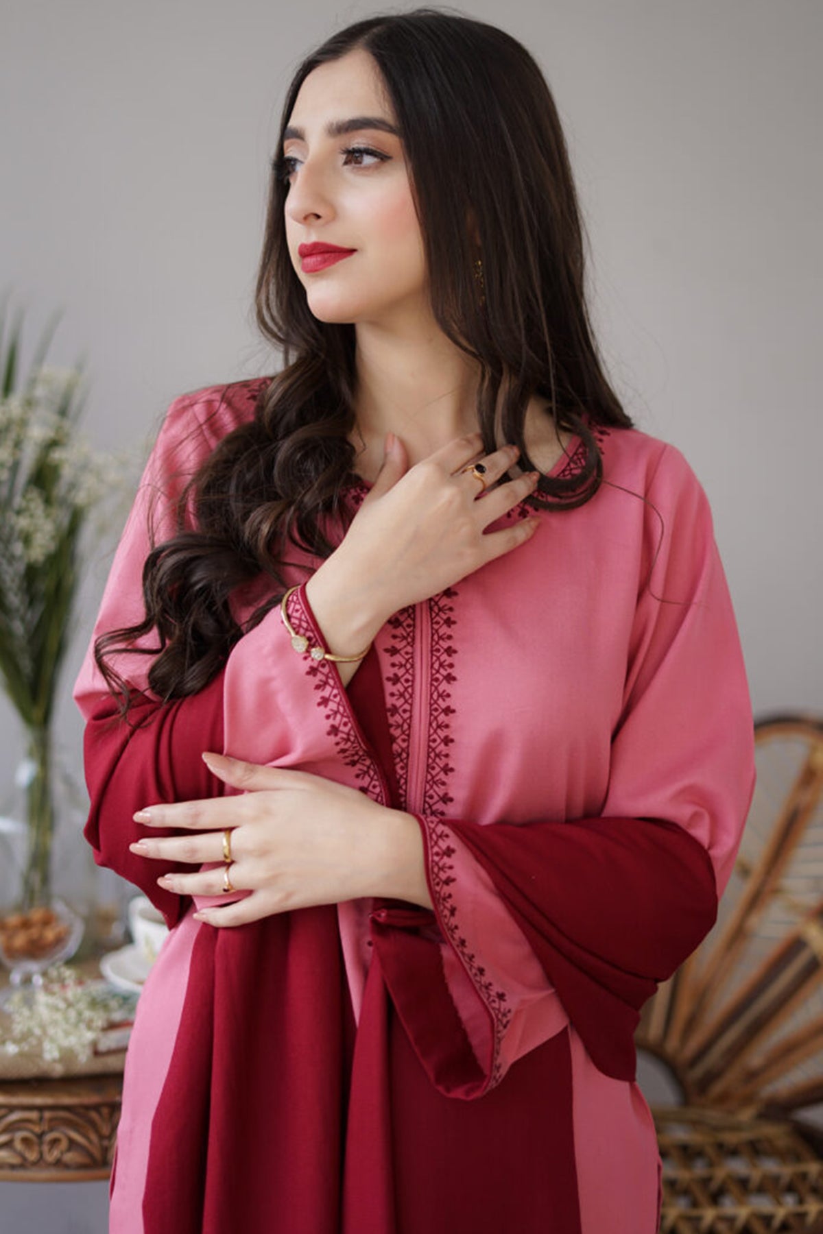 Winter Baby Pink 3PC Embroidered Dhanak with Embroidered Dhanak Shawl - GA1767