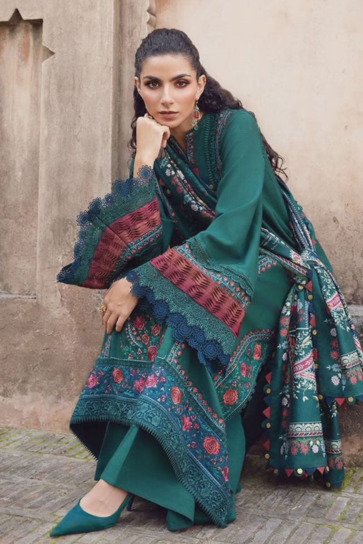 Maria B 3PC Embroidered Karandi Suit with Printed whool shawal-DC2100