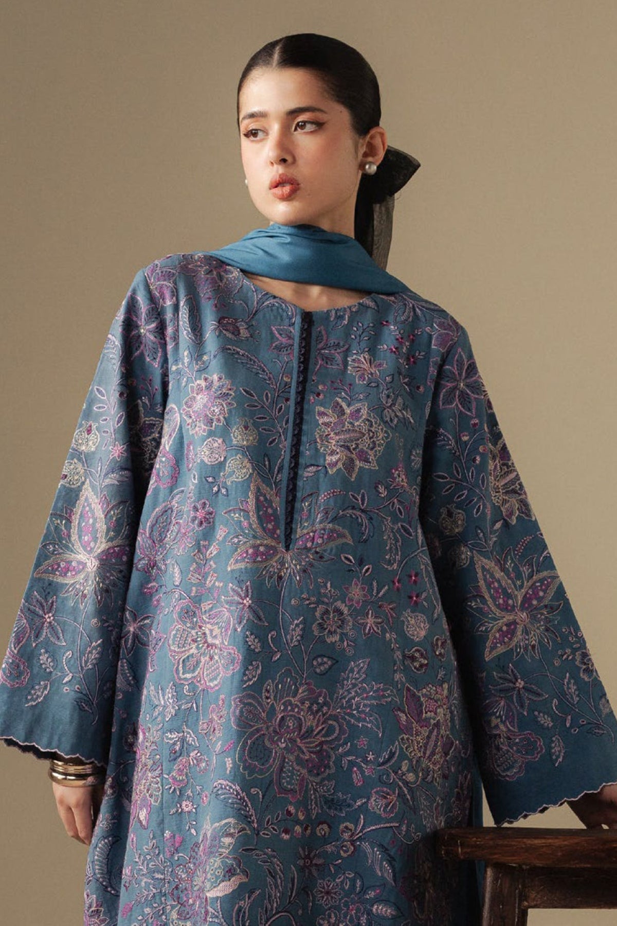 Zarashah Jahan Embroidered Dhanak 3pc with Printed Shawl- DC2126