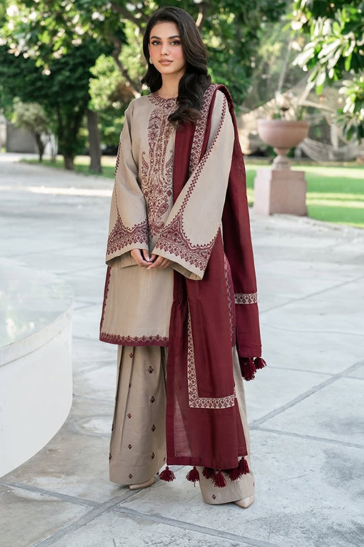 Baroque 3PC Embroidered Karandi Suit with Embroidered Shwal -DC2085