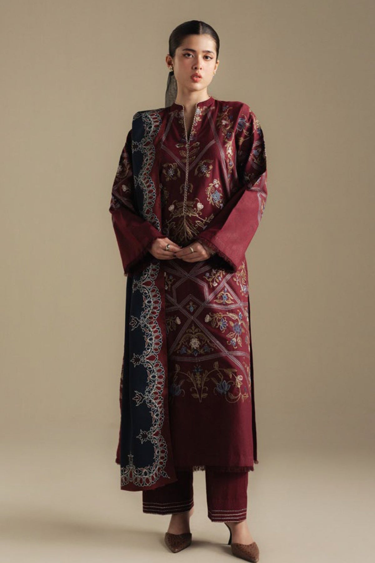 Zarashah Jahan Embroidered Dhanak 3pc with Printed Shawl- DC2125