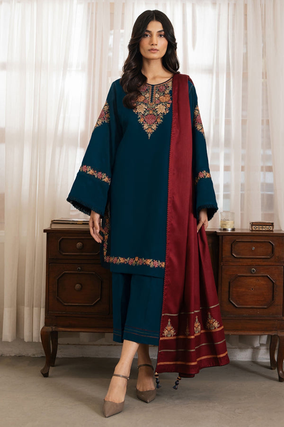 Jazmin 3PC Embroidered Karandi Suit with Printed whool shawal-DC2109