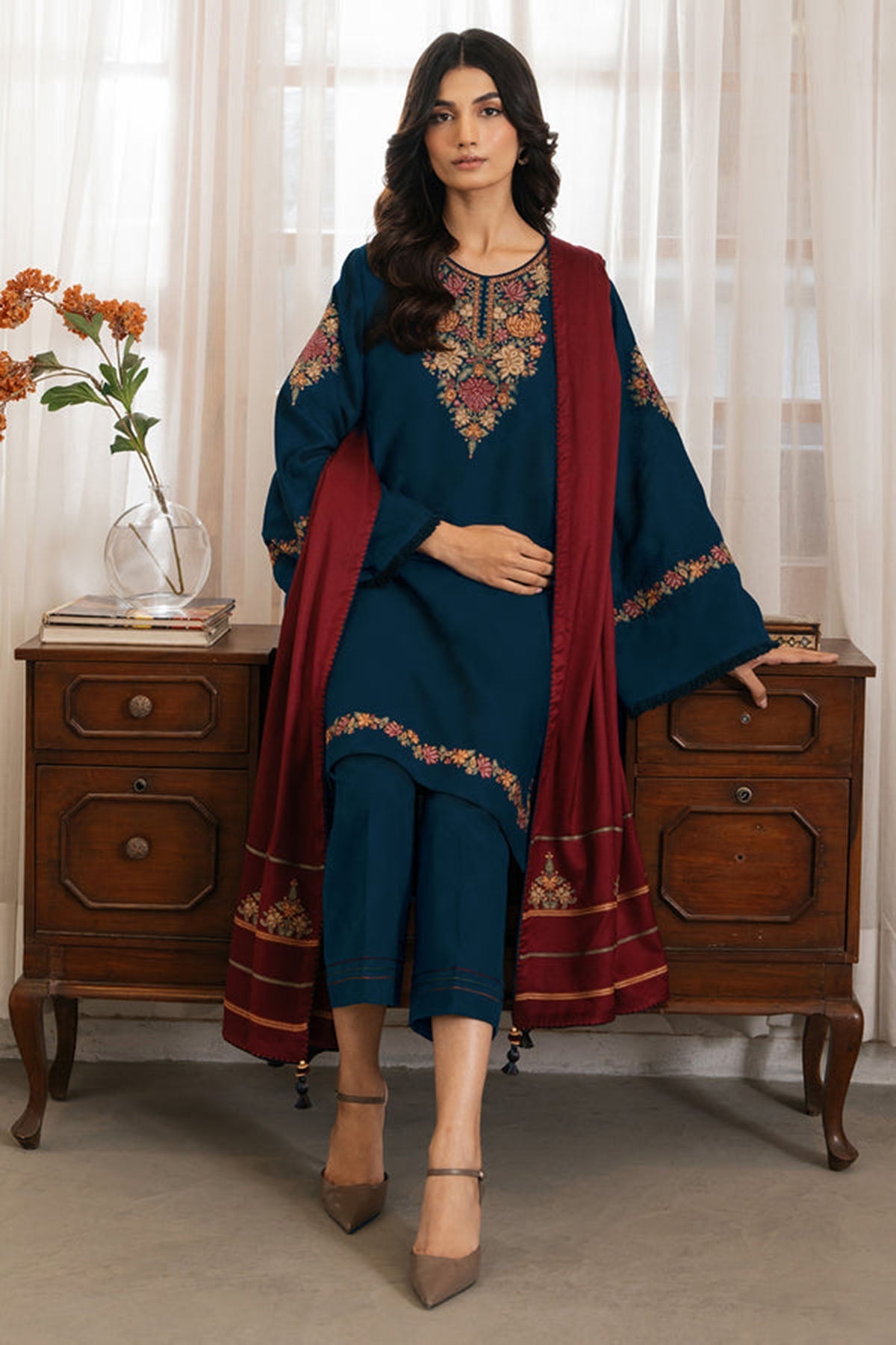 Jazmin 3PC Embroidered Karandi Suit with Printed whool shawal-DC2109