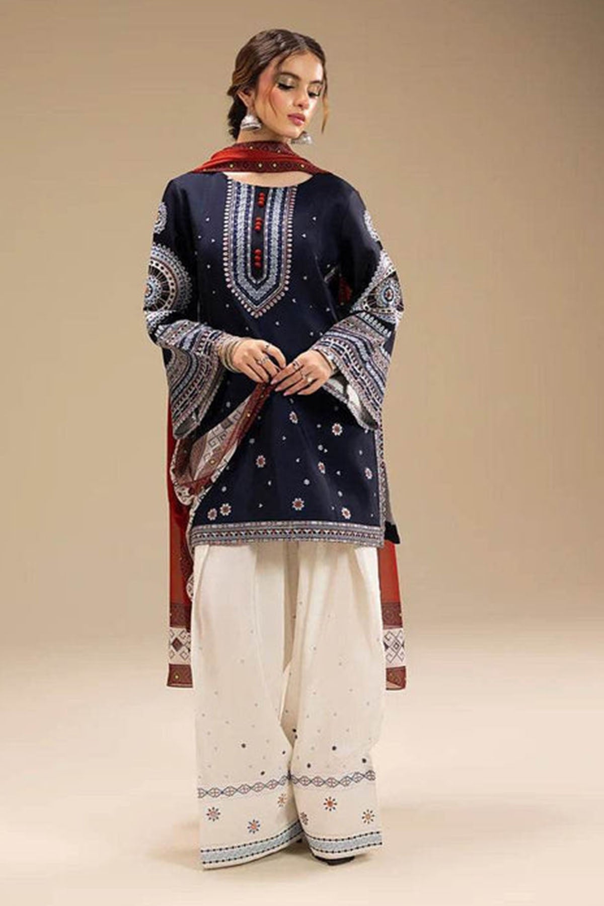 Jazmin Embroidered Dhanak 3pc with Printed Shawl- DC2122
