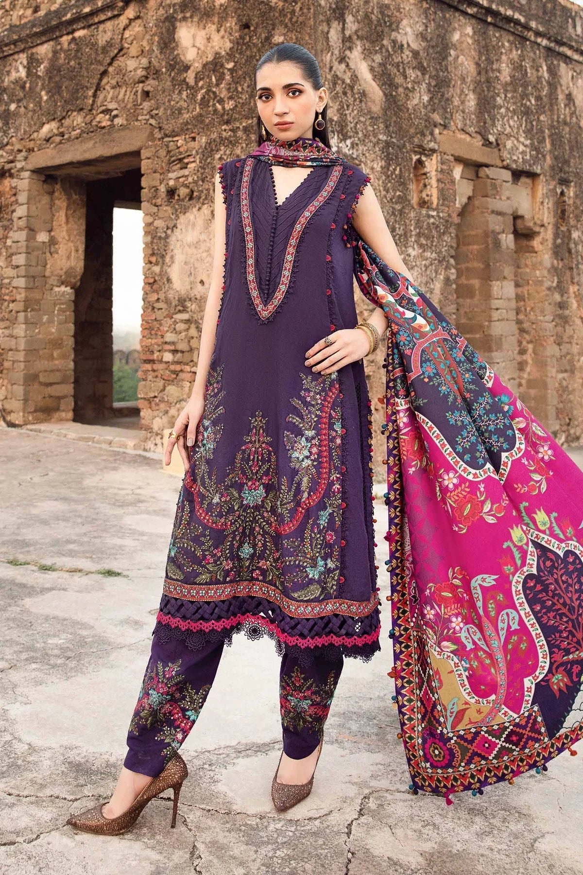 Maria B 3PC Embroidered Karandi Suit with Printed whool shawal-DC2097