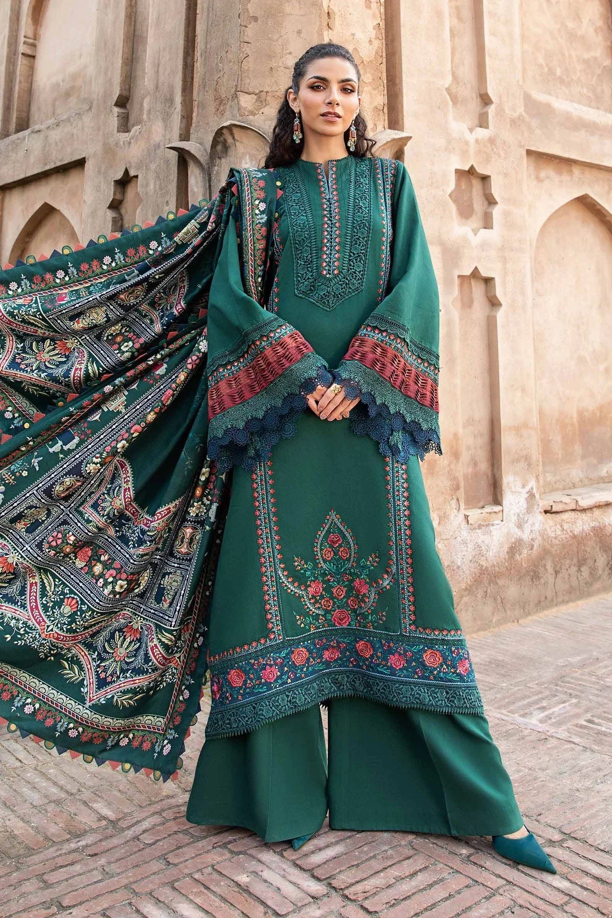 Maria B 3PC Embroidered Karandi Suit with Printed whool shawal-DC2100