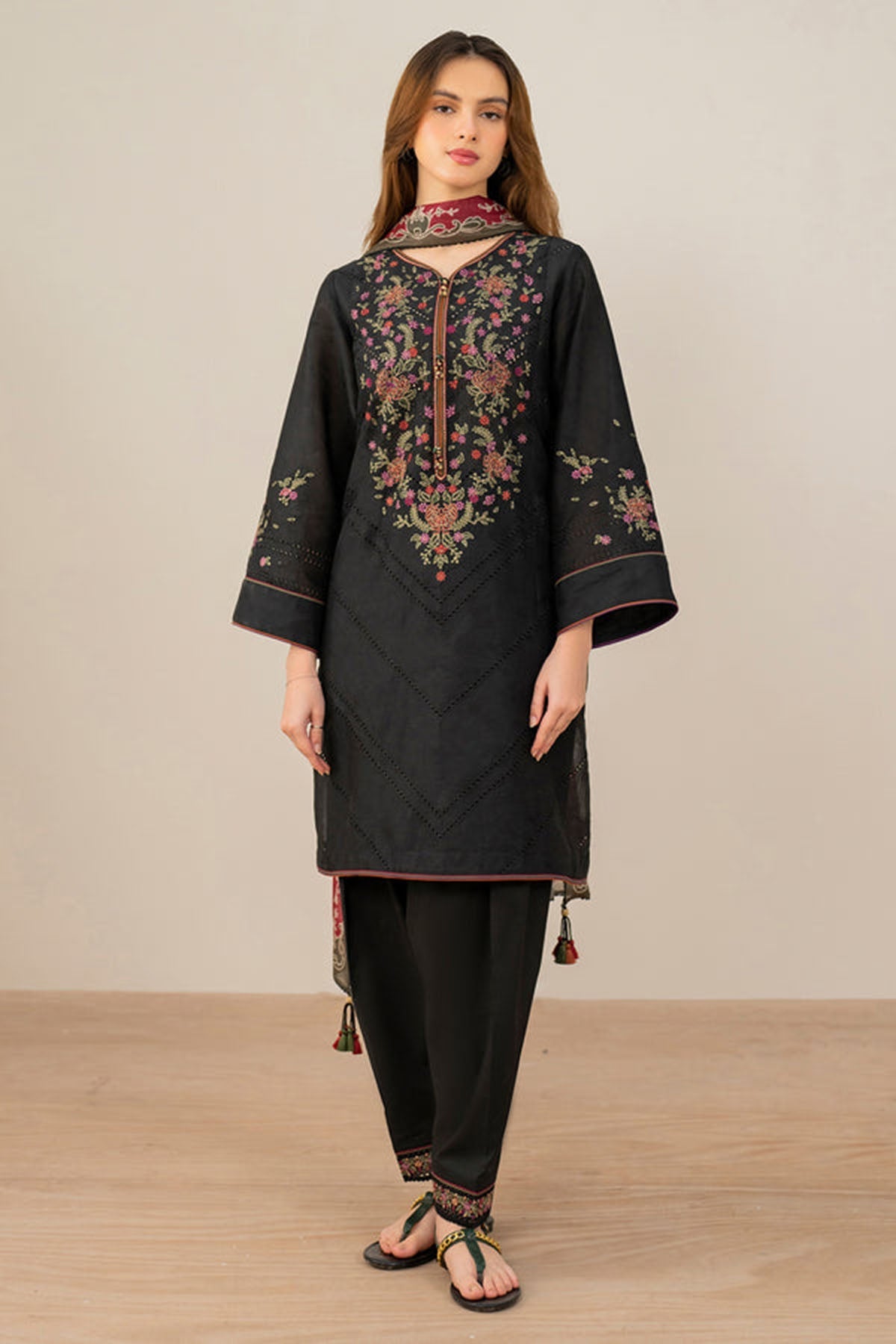 Jazmin 3PC Embroidered Karandi Suit with Printed whool shawal-DC2110