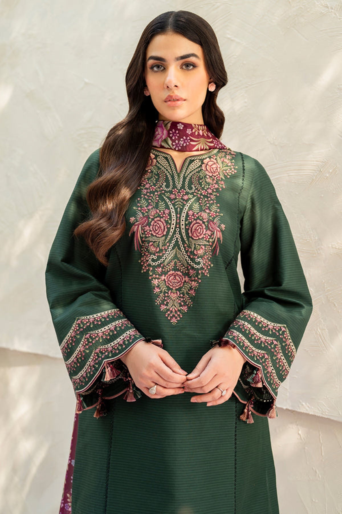 Jazmin 3PC Embroidered Karandi Suit with Printed whool shawal-DC2107