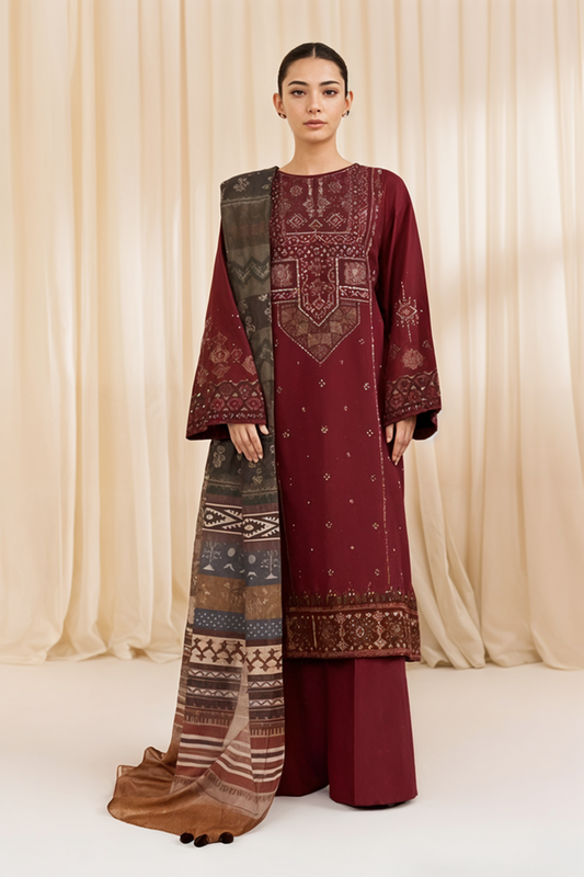 Sapphire 3PC Embroidered karandi Suit with Printed Shawal -DC2080