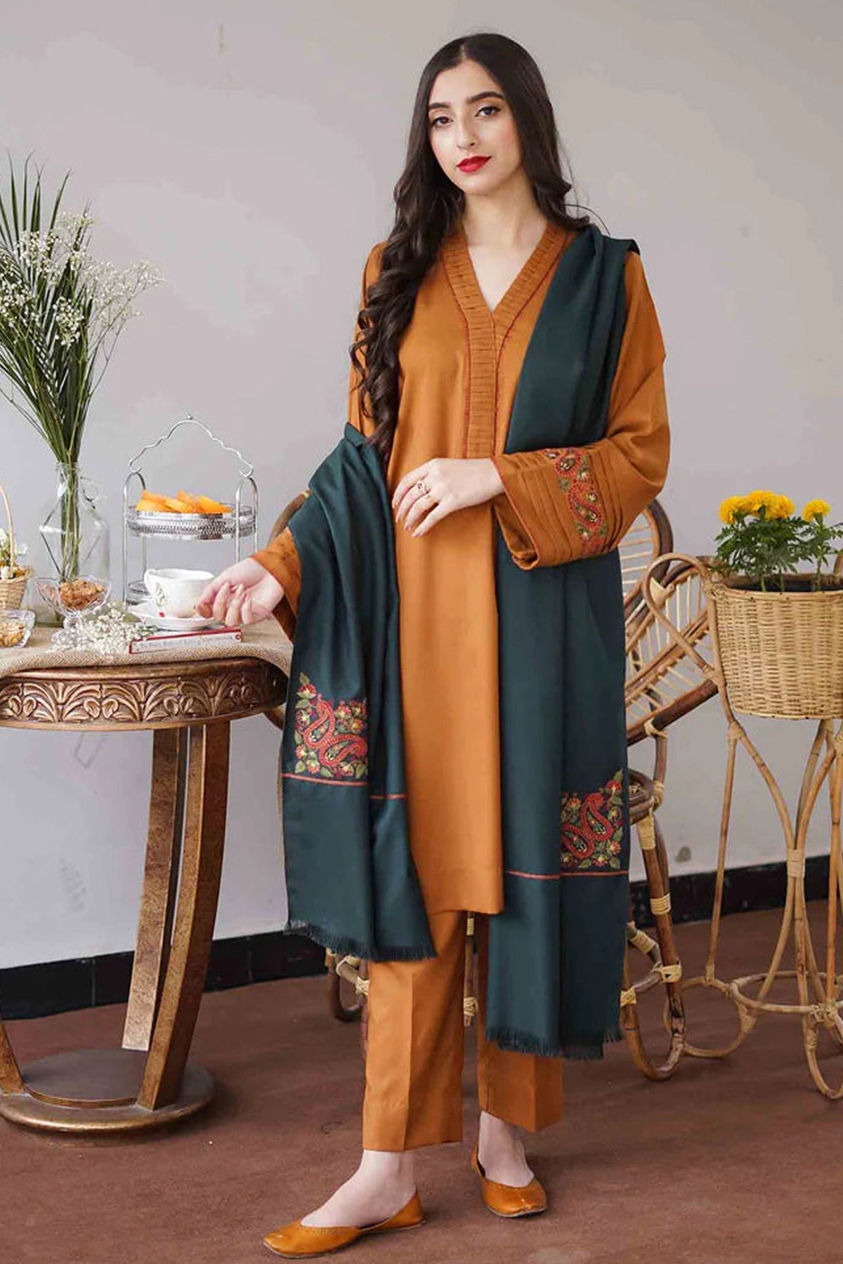 Winter 3PC Embroidered Dhanak Suit with Heavy Embroidered Dhanak Shawal -GA102184