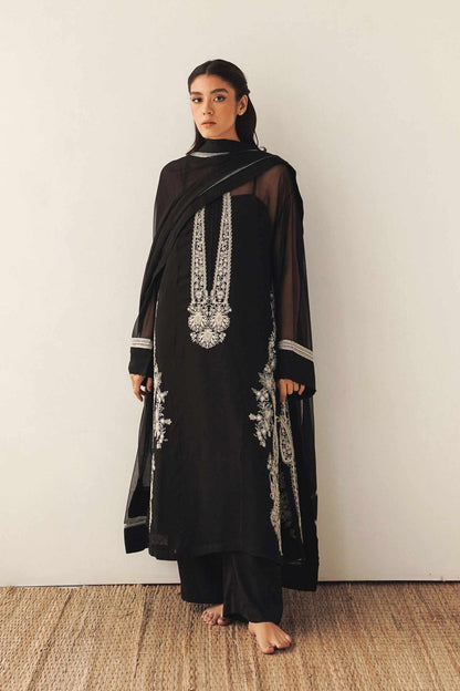 Zara Shahjahan Black Embroidered Georgette Chiffon 4PC Suit with Handwork - GA1622