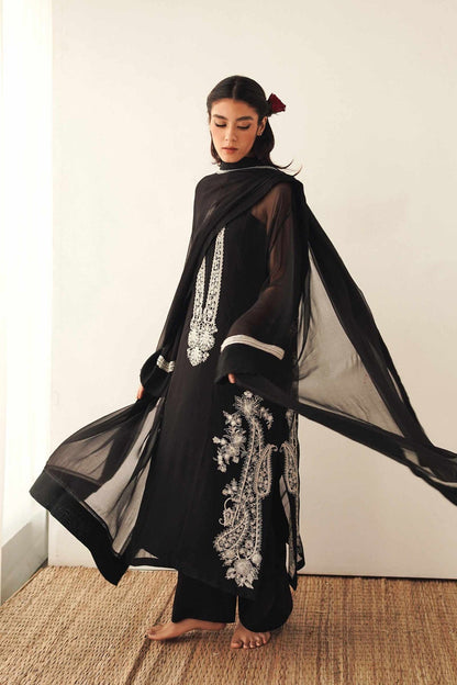 Zara Shahjahan Black Embroidered Georgette Chiffon 4PC Suit with Handwork - GA1622