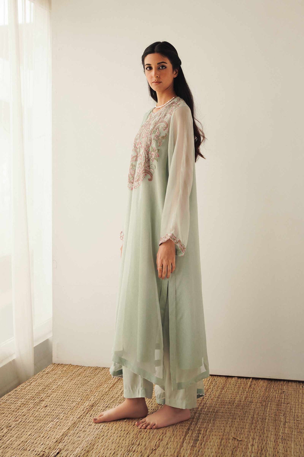 Zara Shahjahan C green  Embroidered Georgette Chiffon 4PC Suit with Handwork - GA1621